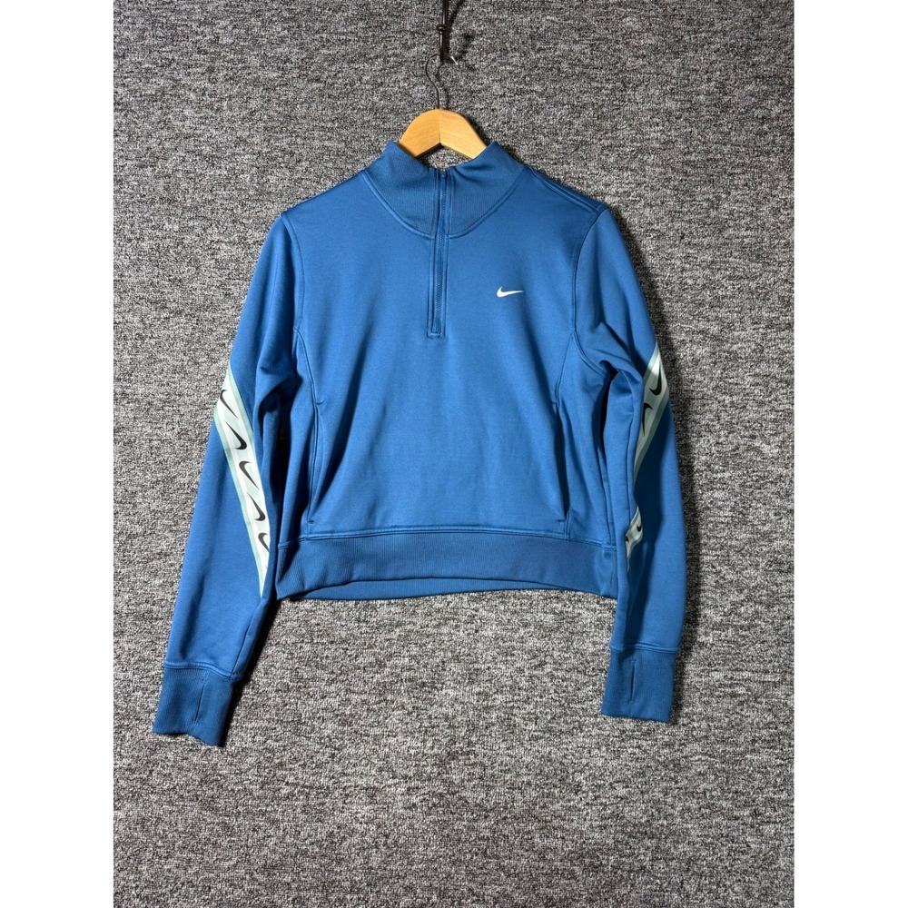 Nike Therma-FIT Womens Blue Cropped Quarter Zip Pullover Fleece Logo Tape Medium